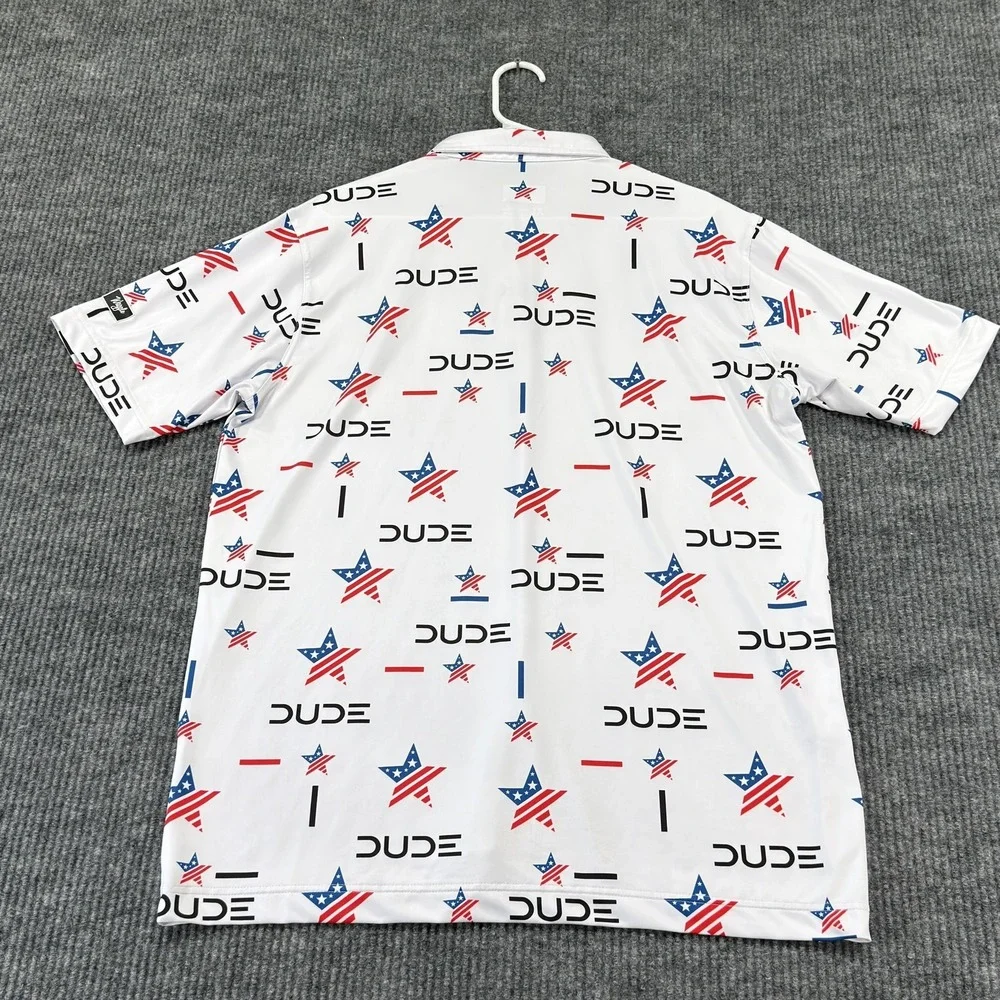 Waggle Polo Shirt Mens XL White USA Flag DUDE Print Golf Stretch Performance - Picture 5 of 9